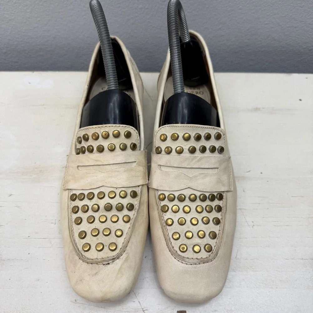 Calleen Cordero White Leather Gold Studded Penny Loafers Size 6
